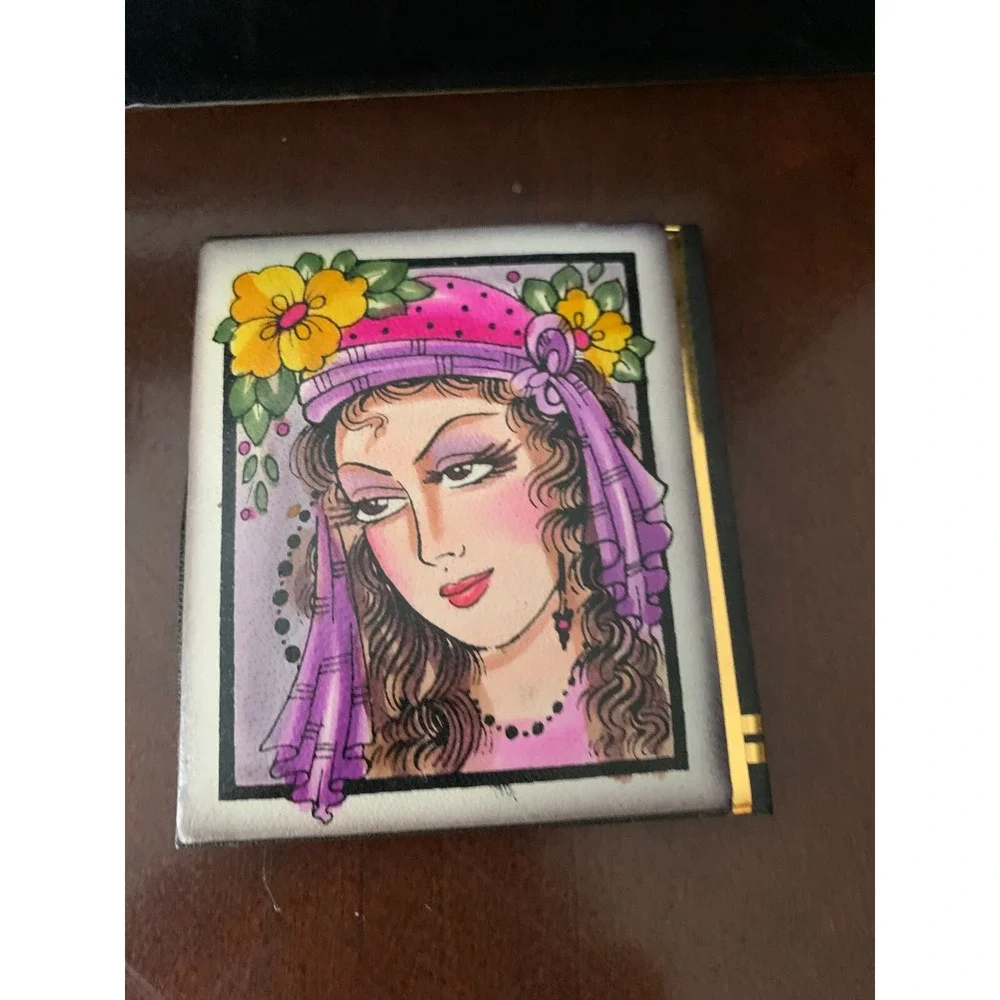 Antique Leather Art Deco Hand Painted‎ Girl Compact Mirror